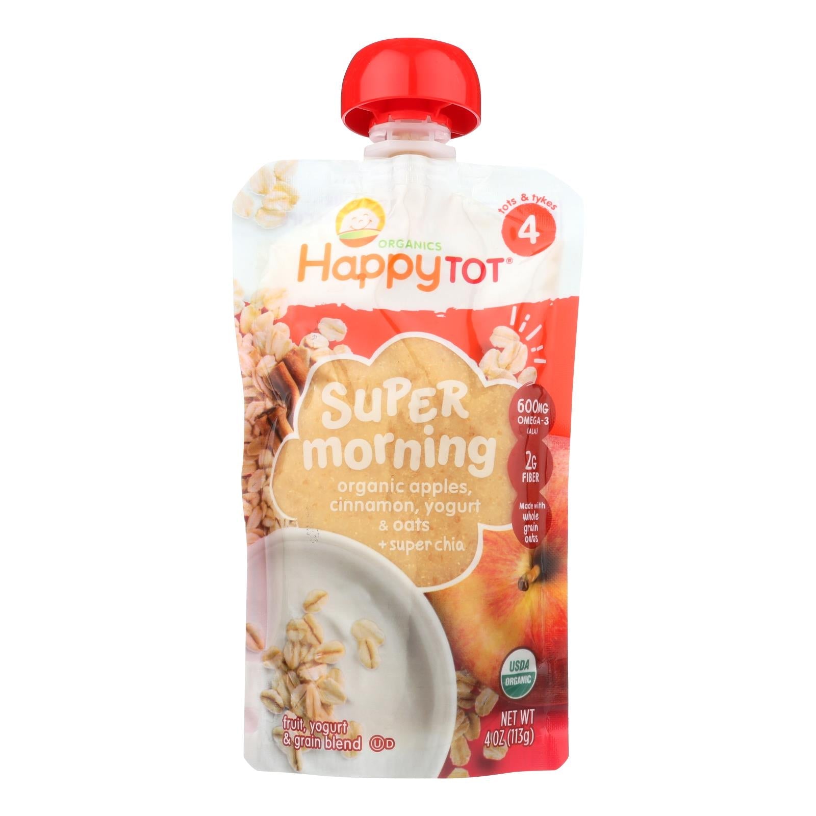 Happy Tot Super Morning Organic Apples, Cinnamon, Yogurt And Oats + Super Chia - Case Of 16 - 4 Oz