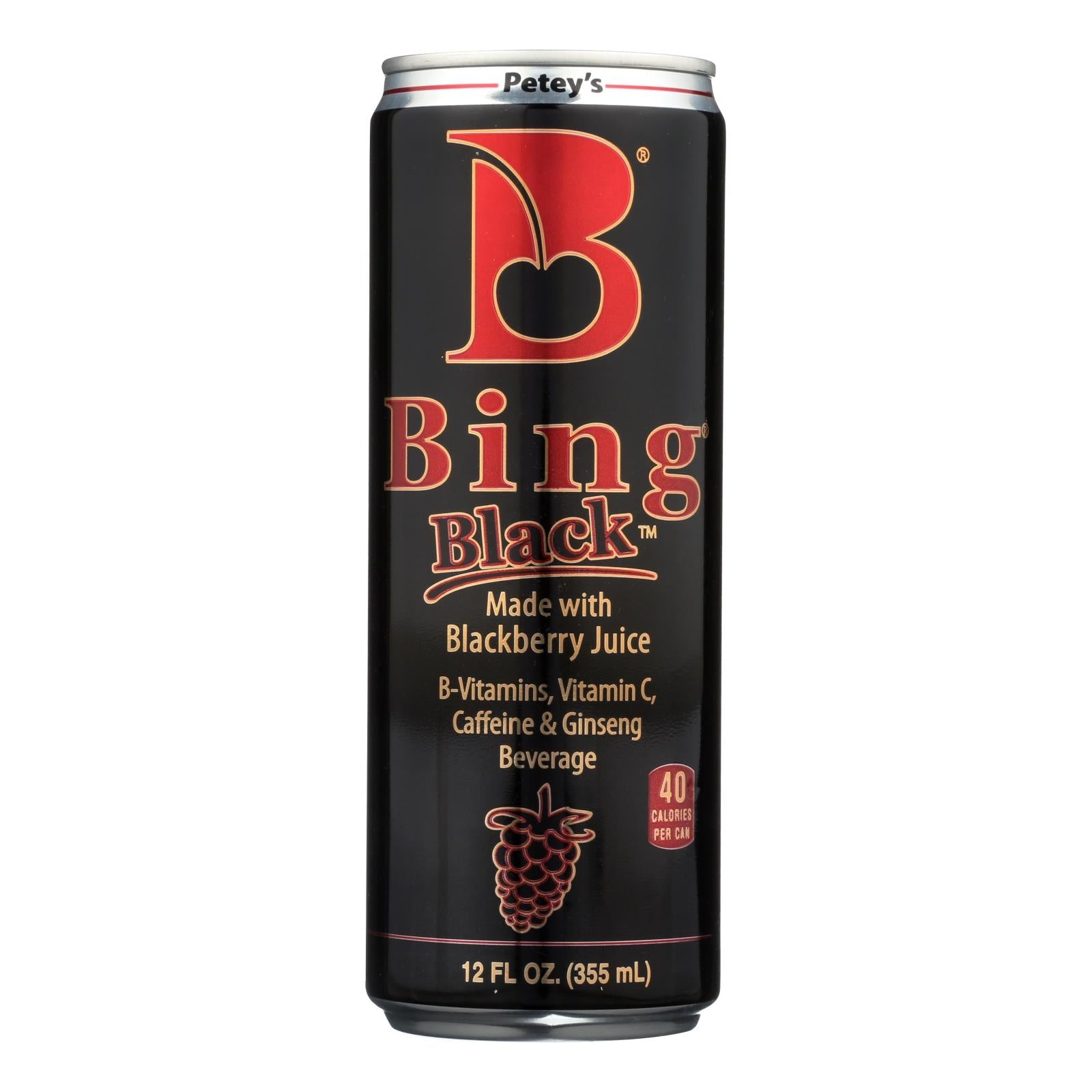 Bebida Petey's Bing Black con vitaminas B, vitamina C, cafeína y ginseng - Caja de 24 - 12 onzas líquidas