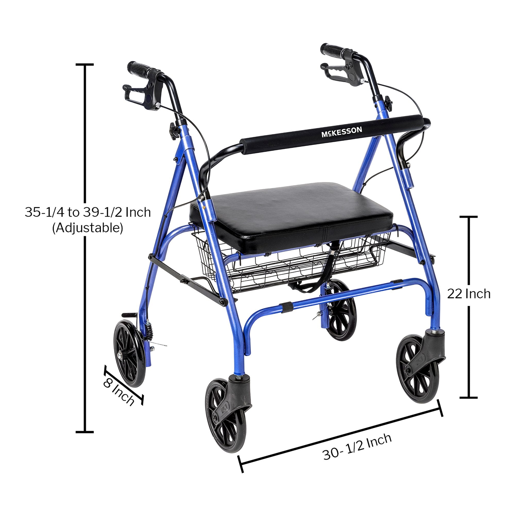 McKesson Bariatric 4-Wheel Rollator – Blue Folding Steel Frame, 8 in Casters, 500 lb Capacity, Adjustable Height, Latex-Free | HCPCS E0149