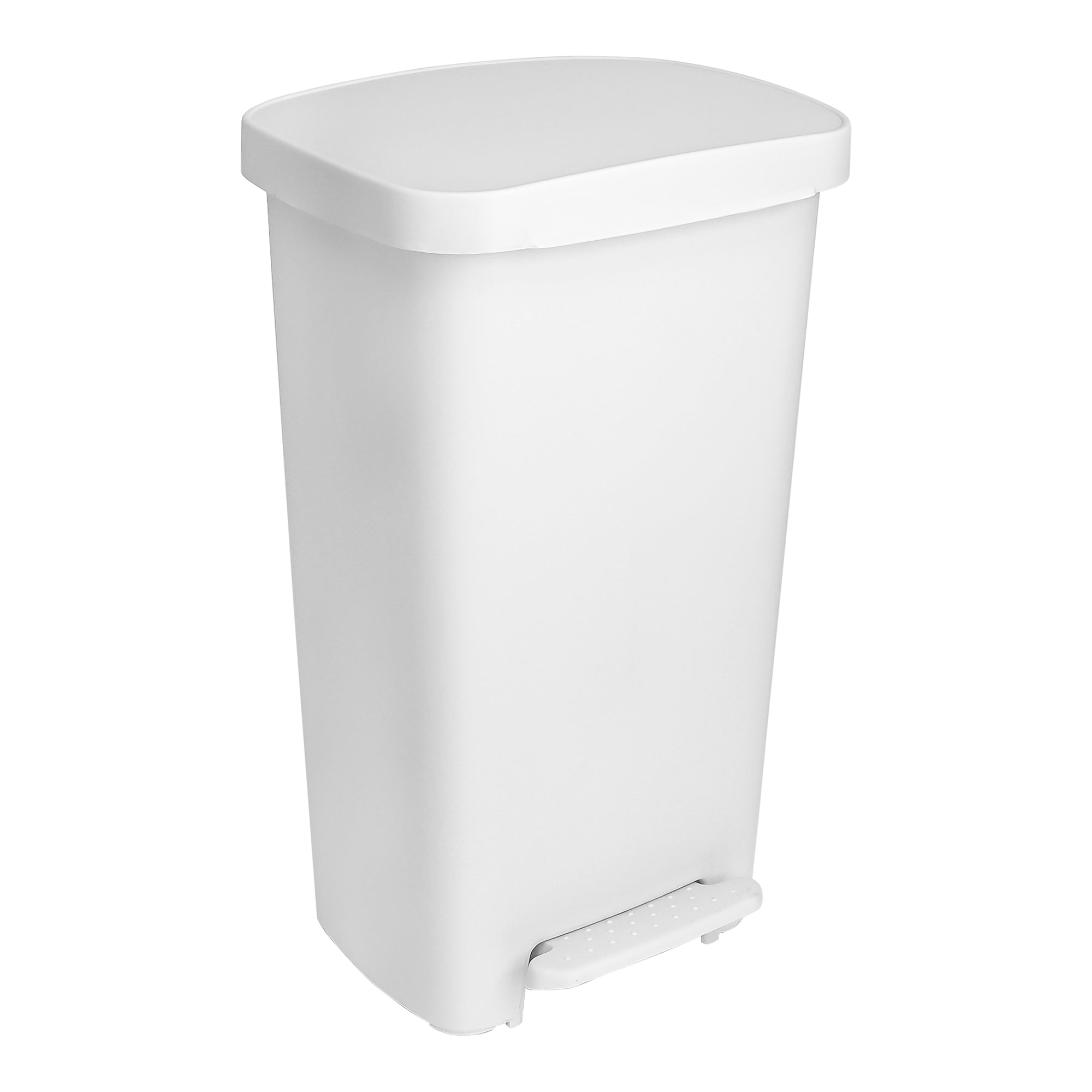 White plastic pedal-operated trash can