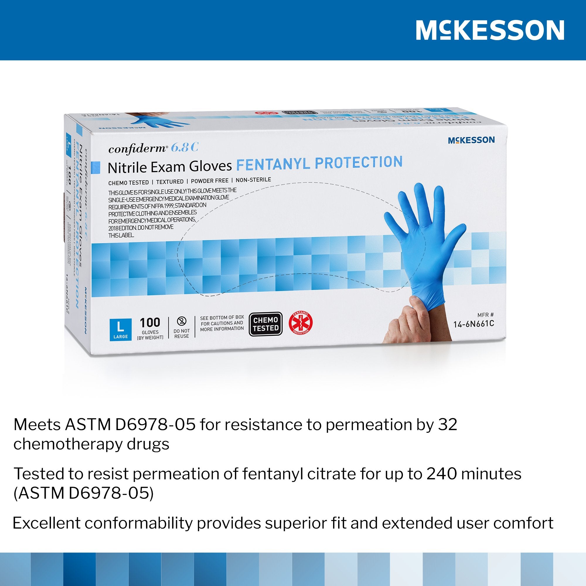 exam glove mckesson confiderm 6 8c large nonsterile nitrile standard cuff length fully textured blue chemo tested fentanyl tested packaging type box