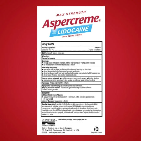 Topical Pain Relief Aspercreme 4% Strength Lidocaine Liquid,Packaging Type- Each