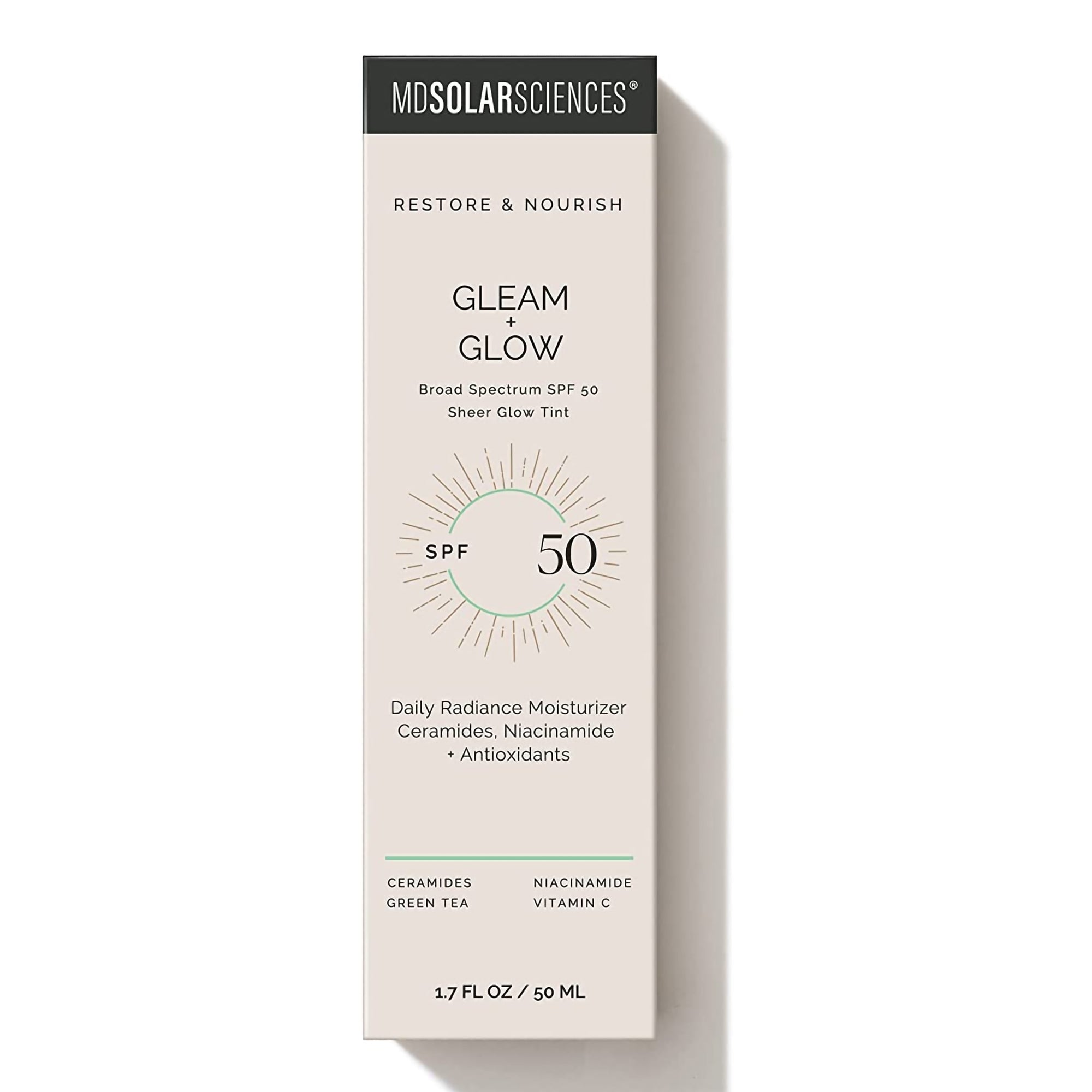 Crema hidratante facial con protector solar MDSolarsciences Gleam + Glow FPS 50, tubo de 50 ml, crema perfumada. Envase individual.