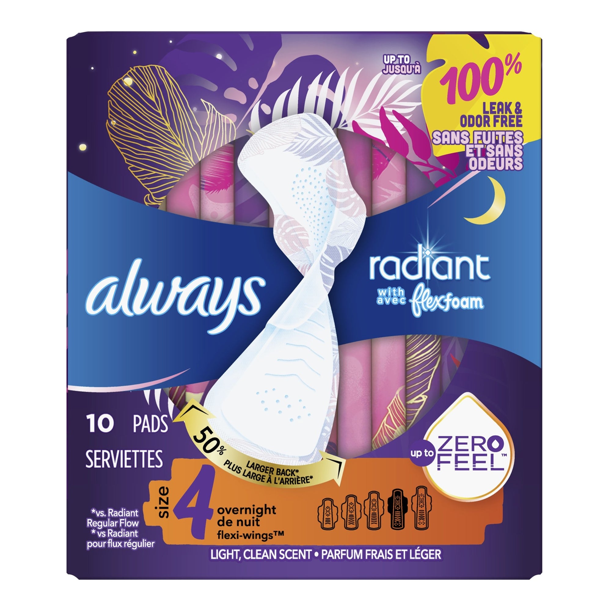 feminine pad always radiant with flexfoam overnight with wings heavy absorbency packaging type box