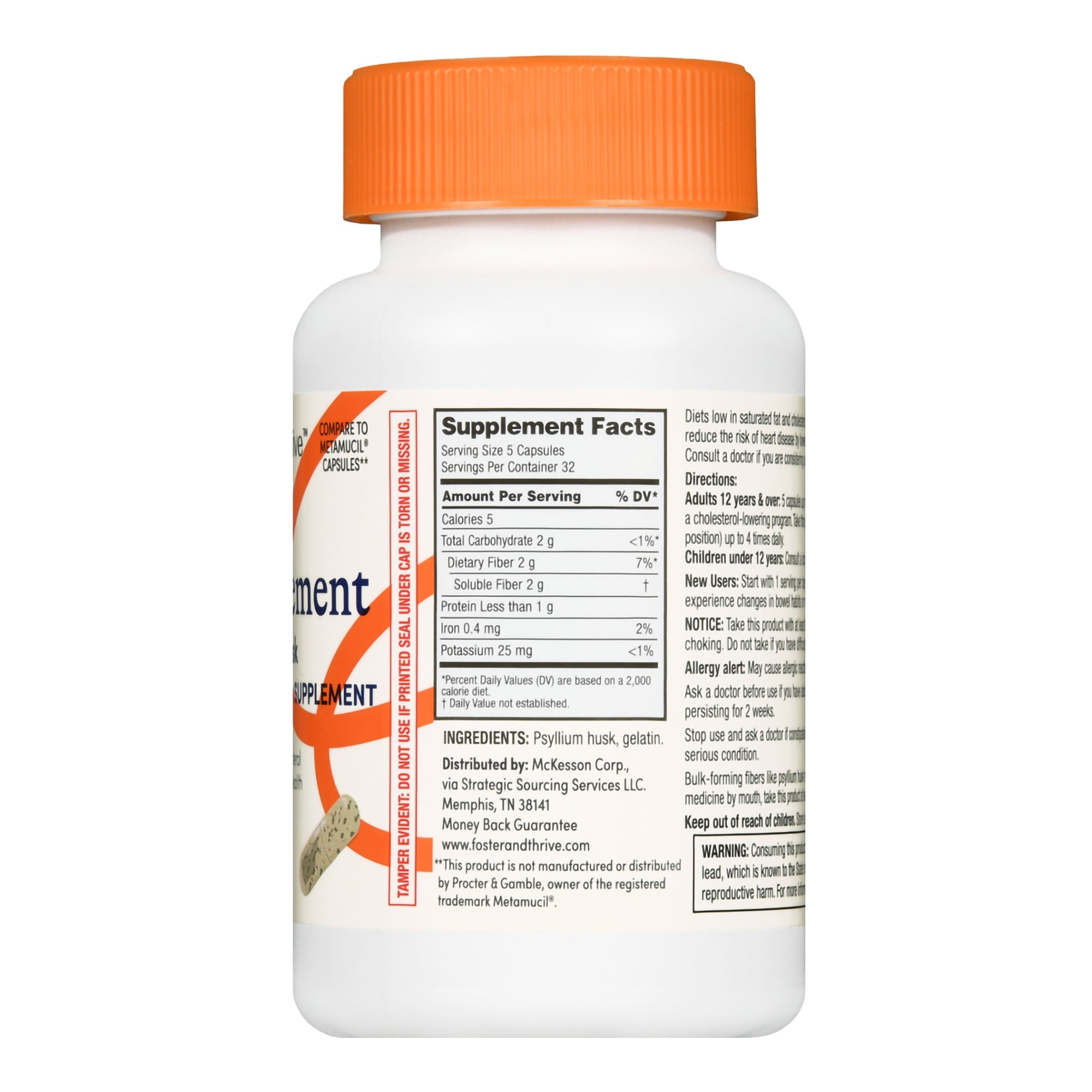 Laxative Foster & Thrive Original Flavor Capsule 160 per Bottle 0.52 Gram Strength Psyllium Husk, Packaging Type- Each