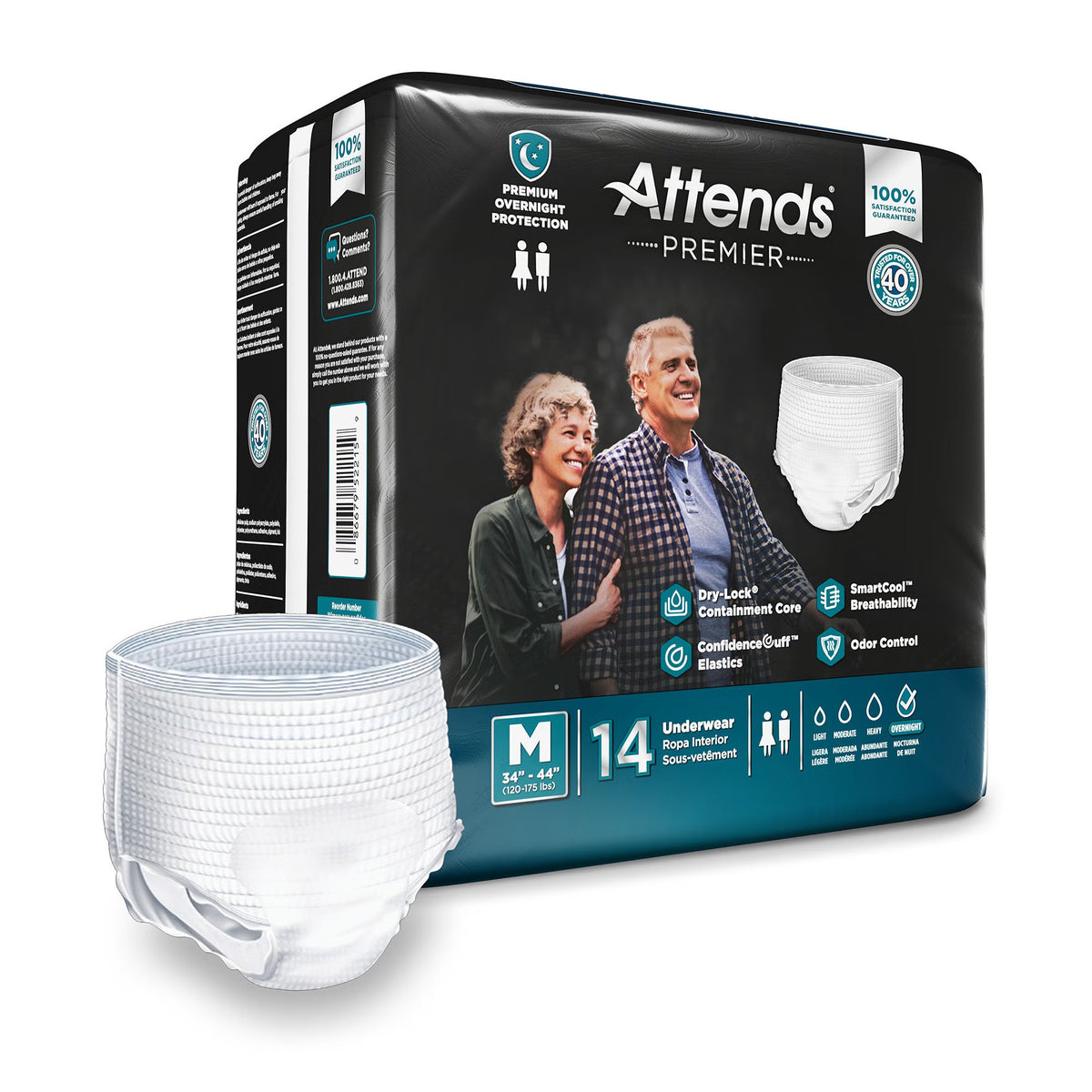 Attends Premier Absorbent Underwear – Medium, Heavy Overnight Absorbency