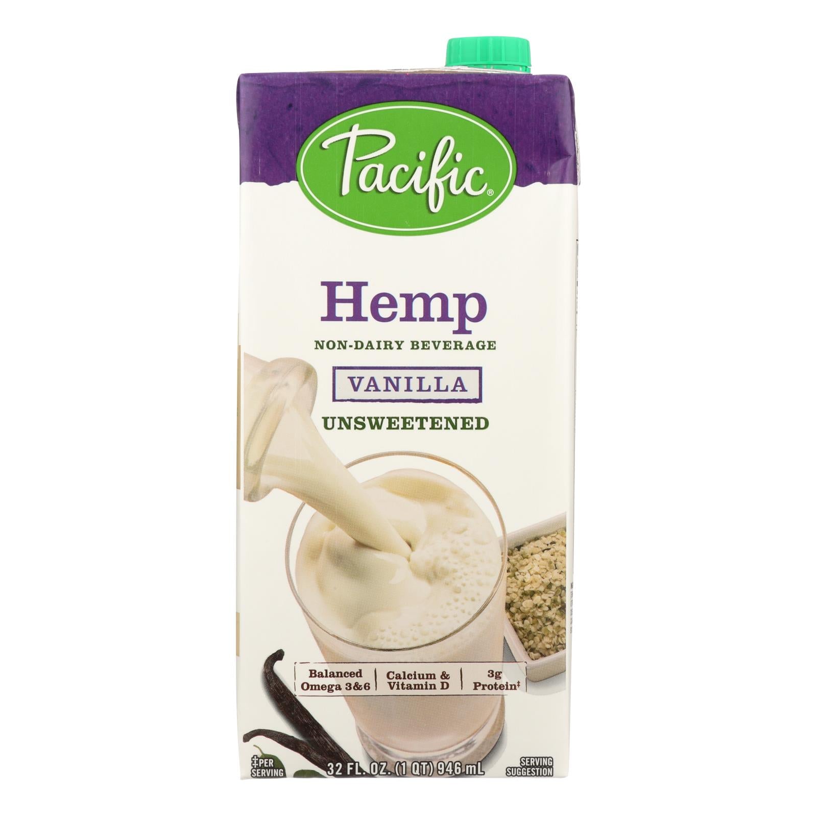 Pacific Natural Foods Cáñamo Vainilla - Sin Azúcar - Caja de 12 - 32 onzas líquidas.
