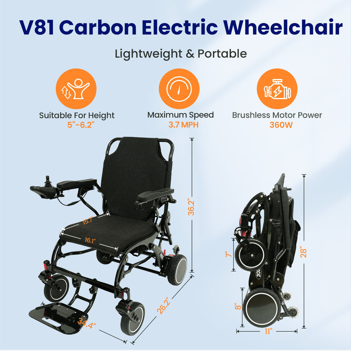 V81 Carbon Foldable Power Wheelchair 12AH - Dual Batteries, Weight Capacity 264 lb