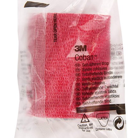 Vendaje cohesivo 3M Coban de 7,6 cm x 4,5 m, autoadhesivo, rojo, no estéril, de compresión estándar. Embalaje: caja.