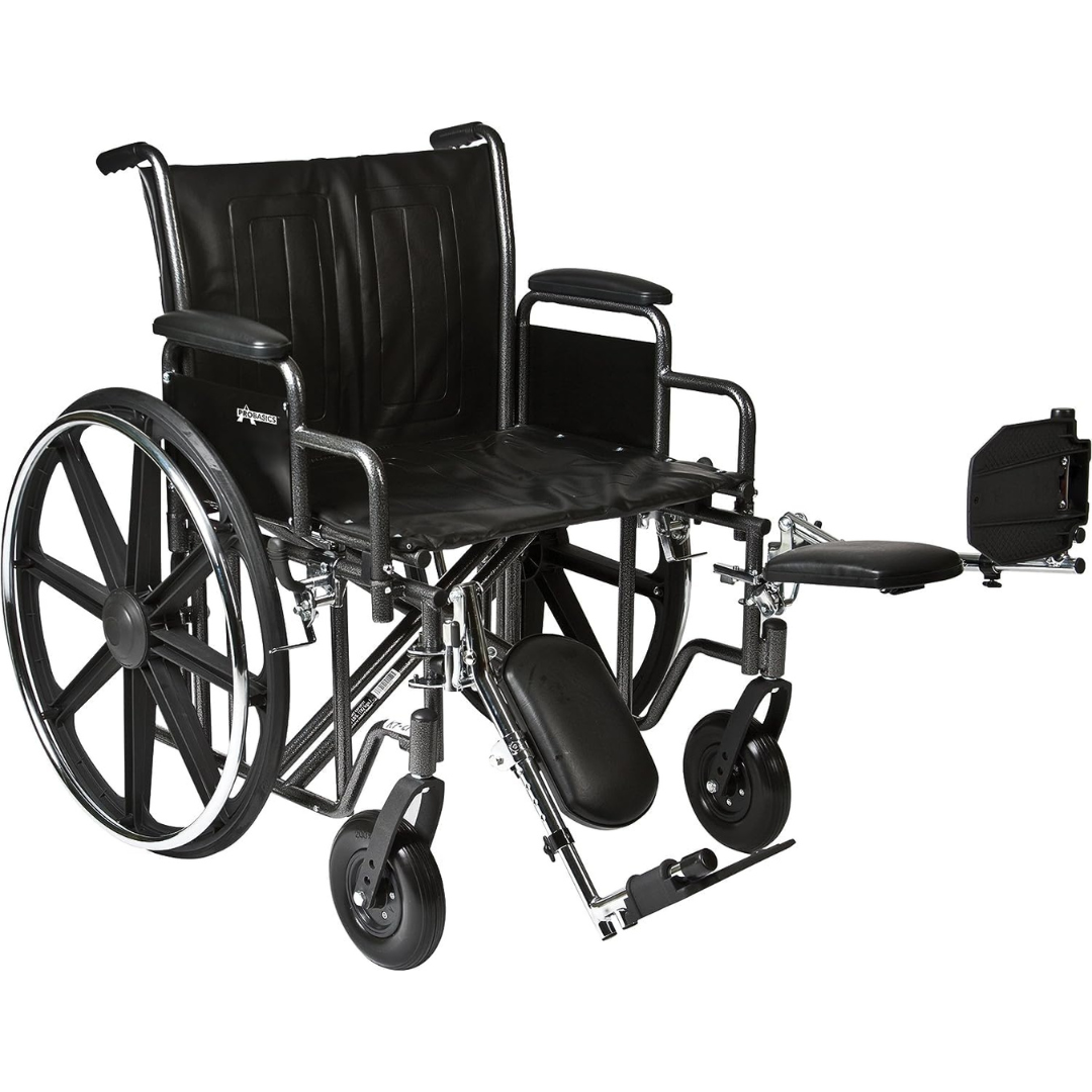 Silla de ruedas Probasics Heavy Duty K0007 con reposapiés elevable y desmontable, ruedas delanteras de 8" y traseras de 24", capacidad de peso de 450 lb, 22 x 18 pulgadas, WC72218DE