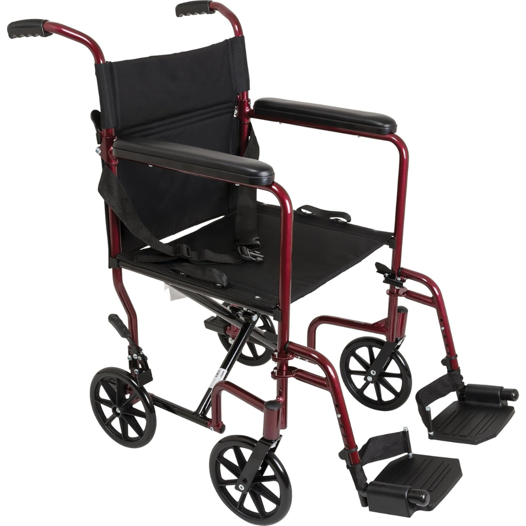 ProBasics burgundy aluminum transport chair with footrests front view