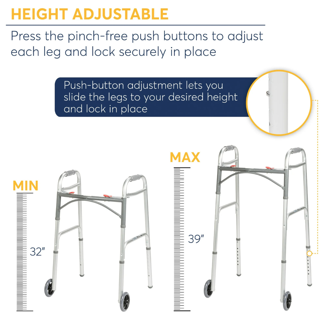 Drive Two Button Aluminum Lightweight Folding Walker Height Adjustment-32Inch - 39Inch, Weight Support-350lbs, Wheel Size-5inch, Width-24Inch, 1051A