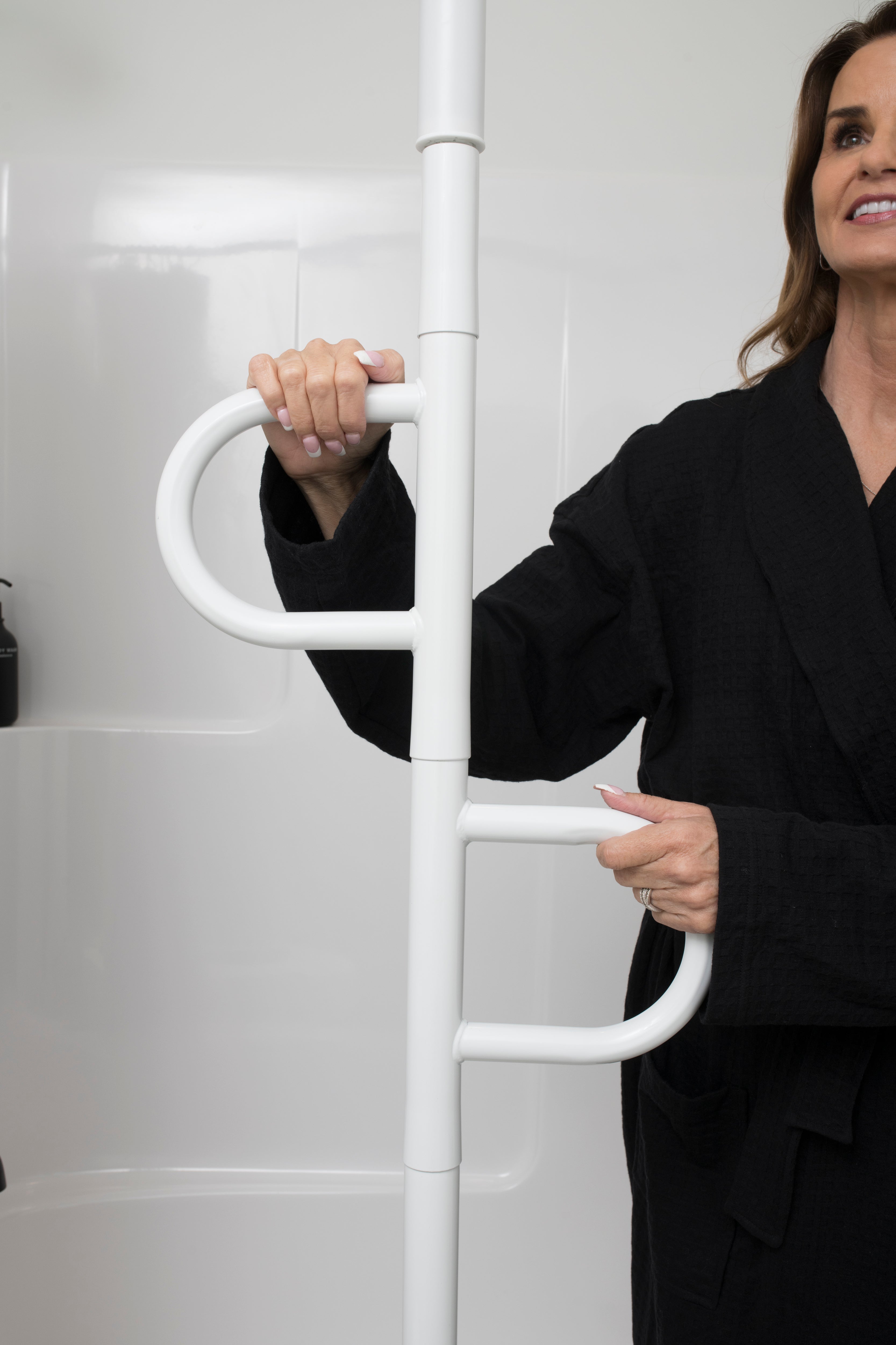 Secure and Stylish Double Handle Floor to Ceiling Grab Bar for Safety | Ideal for Bathrooms and Stairways | Enhance Stability with Easy Installation