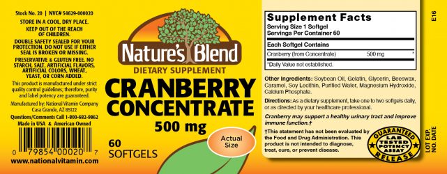 Herbal Supplement Nature's Blend Cranberry Concentrate 500 mg Strength Softgel 60 per Bottle Cranberry Flavor