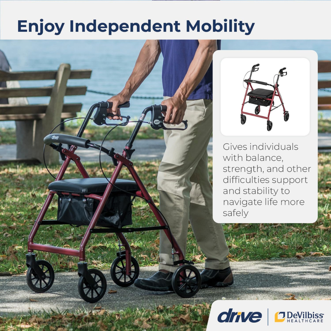 Drive Medical Aluminium Rollator For Seniors and Elders, Wheel size 6inches With Height Adjustable 13 x 12inch, Red Color , Foldable, 11038A