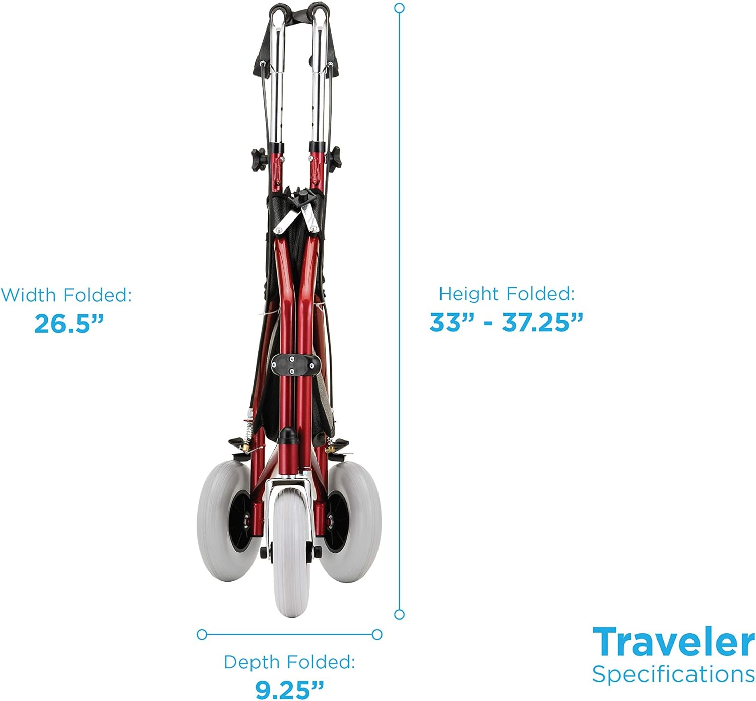 3 wheel rollator traveler® red adjustable height folding aluminum frame