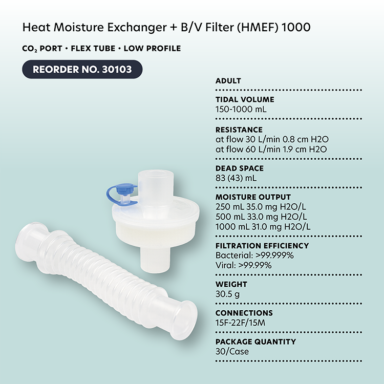 Dynarex 30103 Heat Moisture Exchanger BV Filter (HMEF) 1000 CO2 Port, F