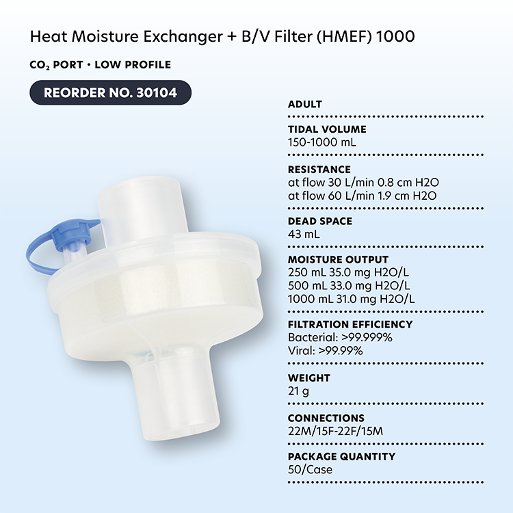 Dynarex 30104 Heat Moisture Exchanger - BV Filter (HMEF) 1000, CO2 Port, L