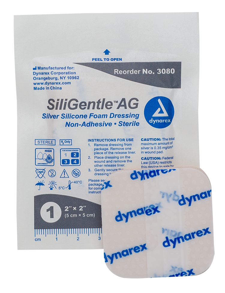 dynarex siligentle ag silver silicone foam dressing