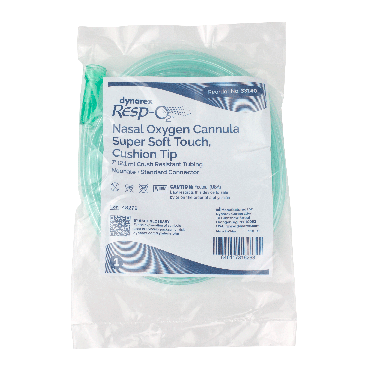 Cánulas nasales de oxígeno Dynarex: tacto súper suave con punta acolchada para mayor comodidad y ajuste, ideales para uso prolongado y asistencia respiratoria.