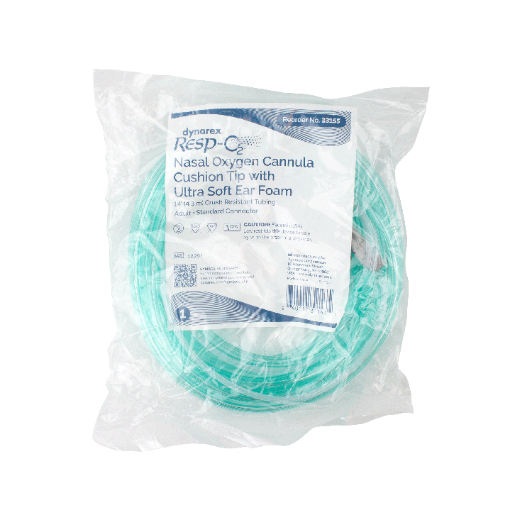 Cánulas nasales de oxígeno Dynarex: espuma ultra suave y punta acolchada para máxima comodidad, ideales para uso prolongado y mejor apoyo respiratorio.