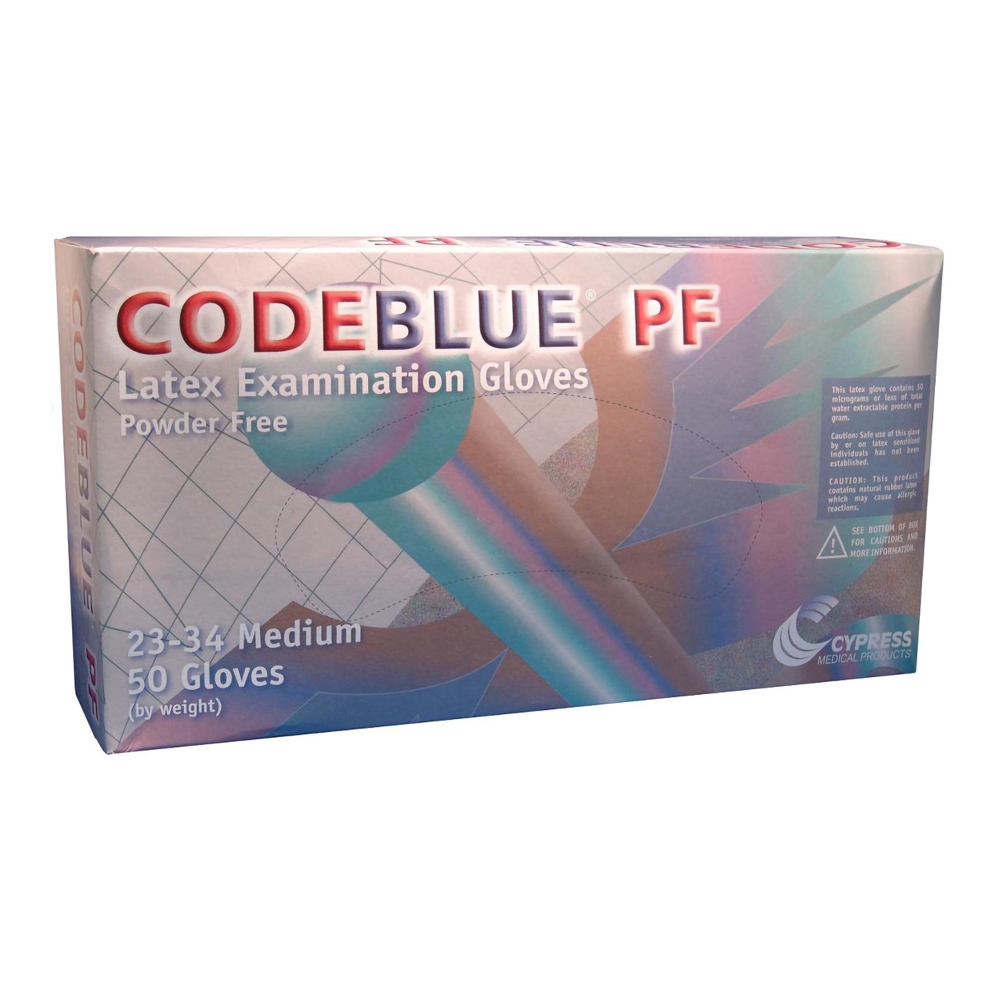 exam glove codeblue pf medium nonsterile latex extended cuff length fully textured blue not rated packaging type box