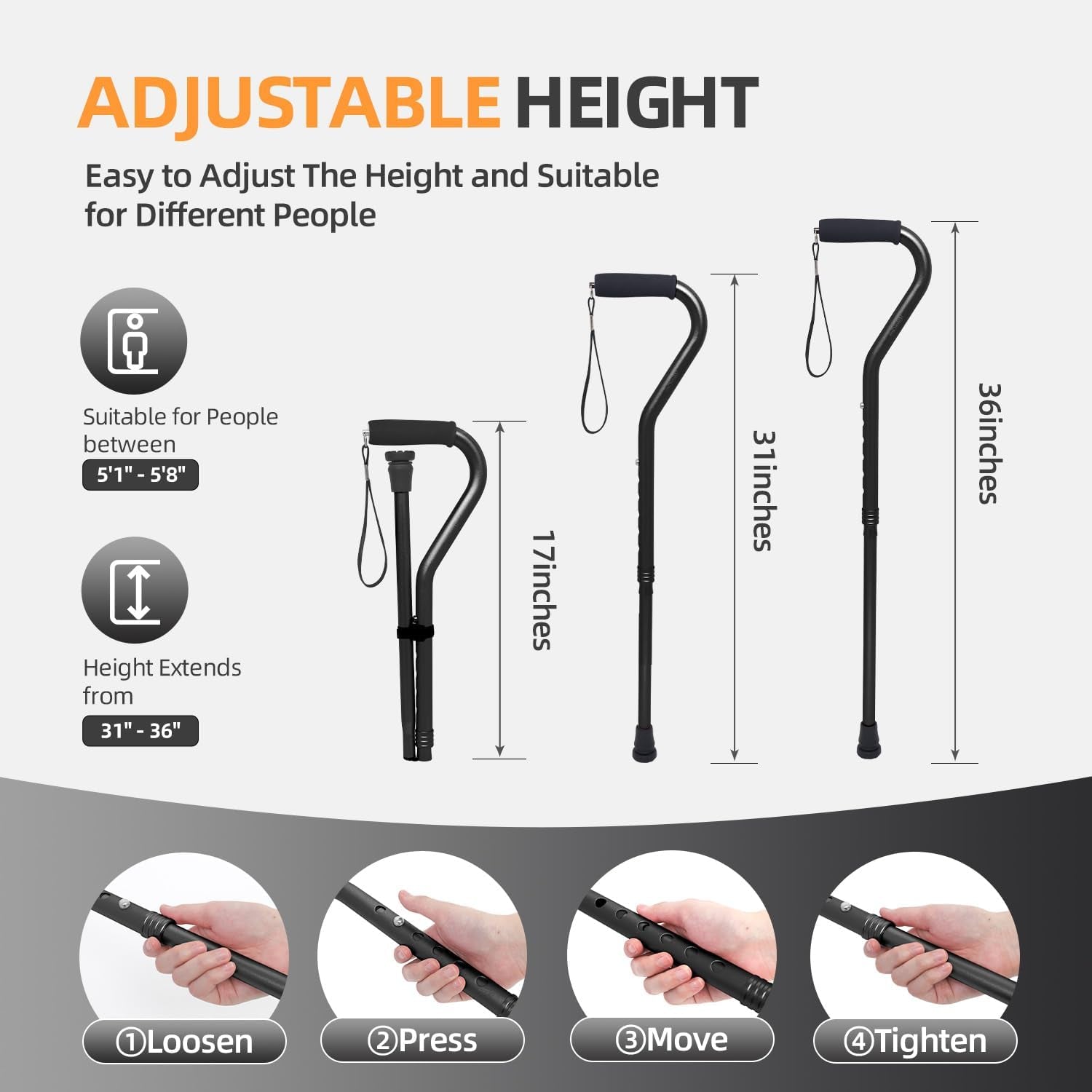 Walking Cane for Men & Women Adjustable Cane with Offset Soft Cushioned Handle  Portable Lightweight Sturdy Mobility Walker Aid for Elderly, Seniors Collapsible Cane