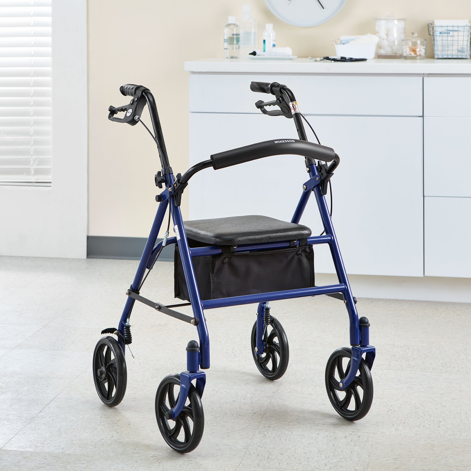 4 wheel rollator mckesson blue adjustable height folding steel frame