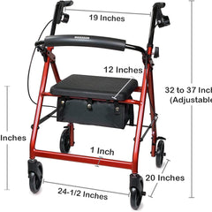 4 wheel rollator mckesson red adjustable height folding aluminum frame packaging type each