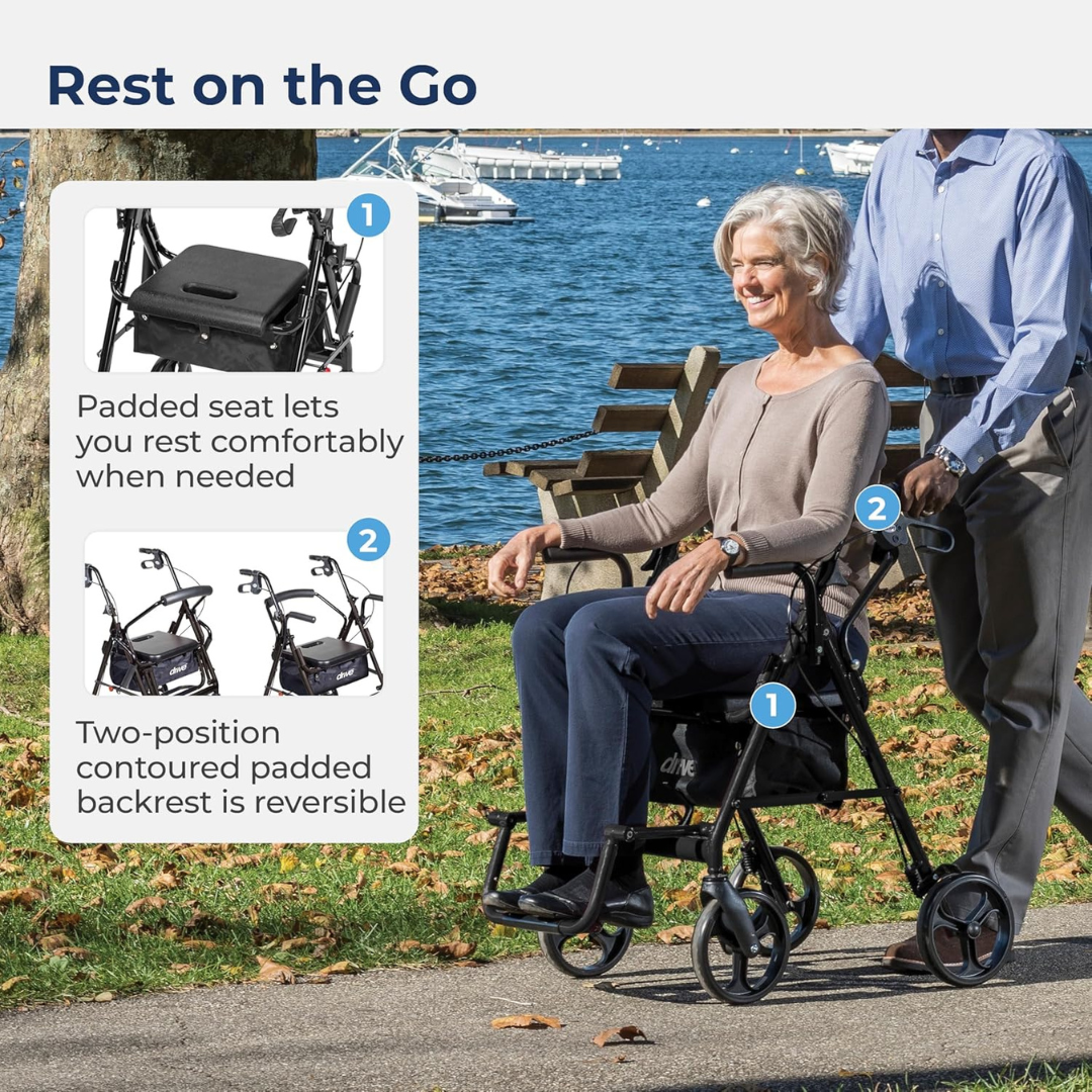 4 wheel rollator transport chair drive™ duet black adjustable height transport folding aluminum frame