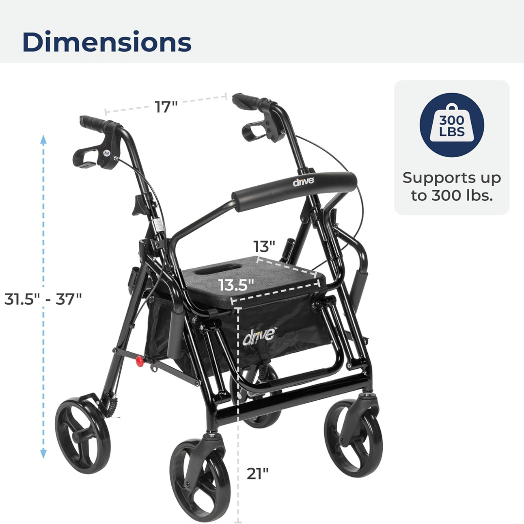 4 Wheel Rollator / Transport Chair drive Duet Black Adjustable Height / Transport / Folding Aluminum Frame