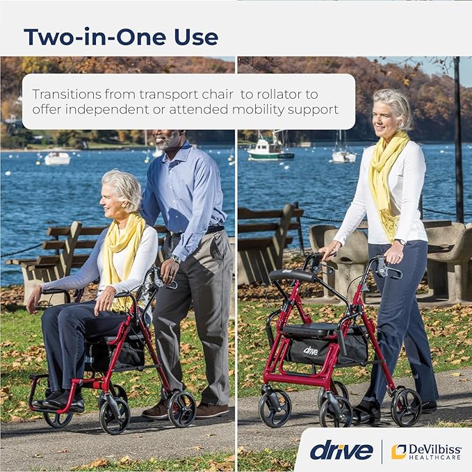 4 wheel rollator transport chair drive™ duet burgundy adjustable height transport folding aluminum frame