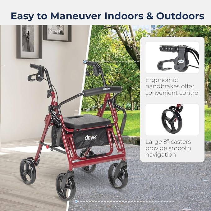 4 wheel rollator transport chair drive™ duet burgundy adjustable height transport folding aluminum frame