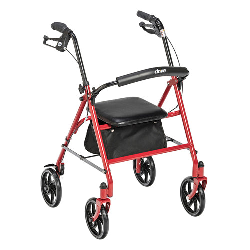 4 wheel steel rollator w 8 casters basket loop red