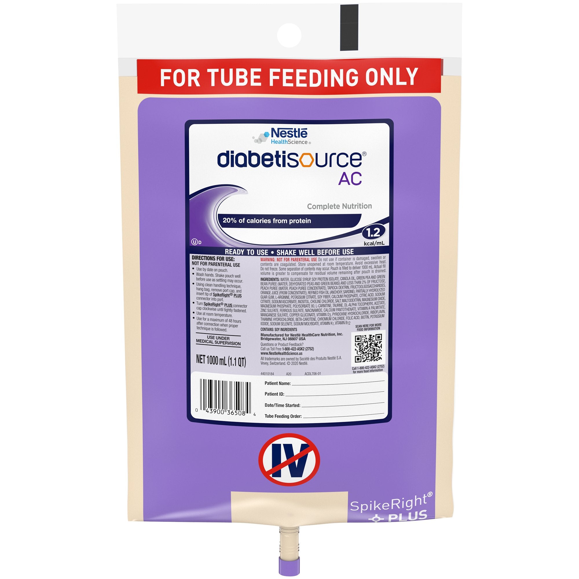 Tube Feeding Formula Diabetisource AC Unflavored Liquid 1000 mL Ready to Hang Prefilled Container