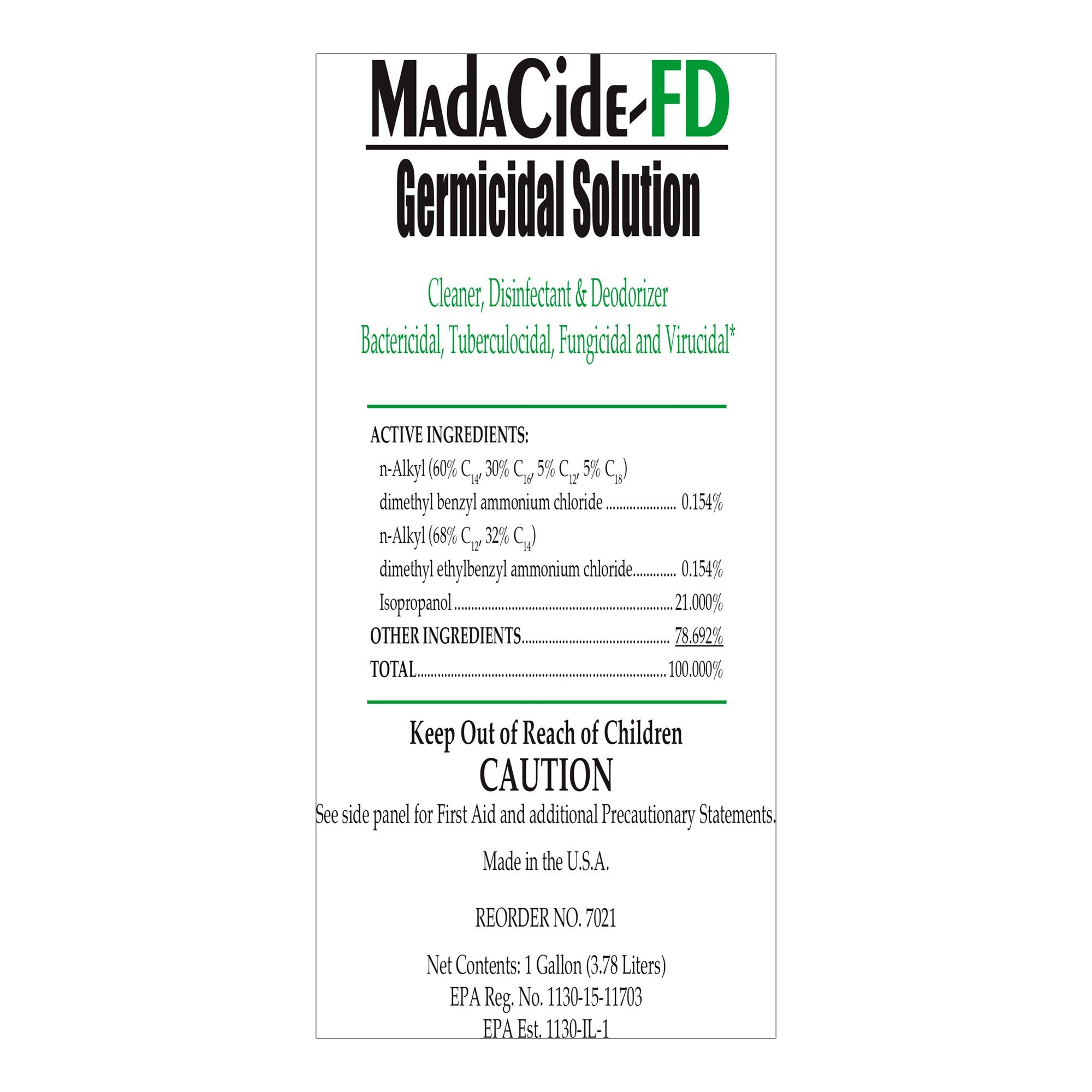 MadaCide-FD Surface Disinfectant Cleaner Germicidal Manual Pour Liquid 1 gal. Jug Alcohol Scent NonSterile | 4/Case