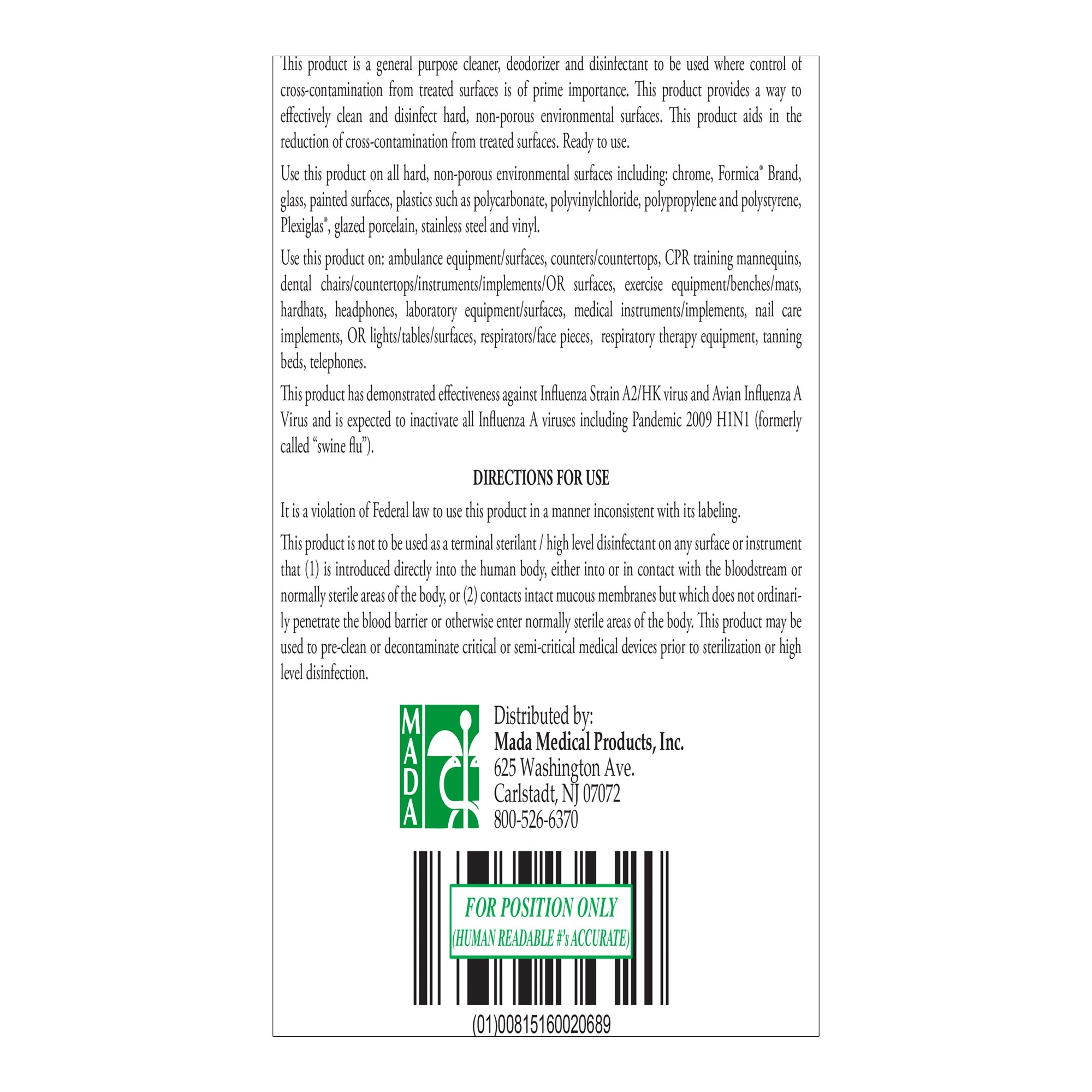 MadaCide-FD Surface Disinfectant Cleaner Germicidal Manual Pour Liquid 1 gal. Jug Alcohol Scent NonSterile,Packaging Type- Each