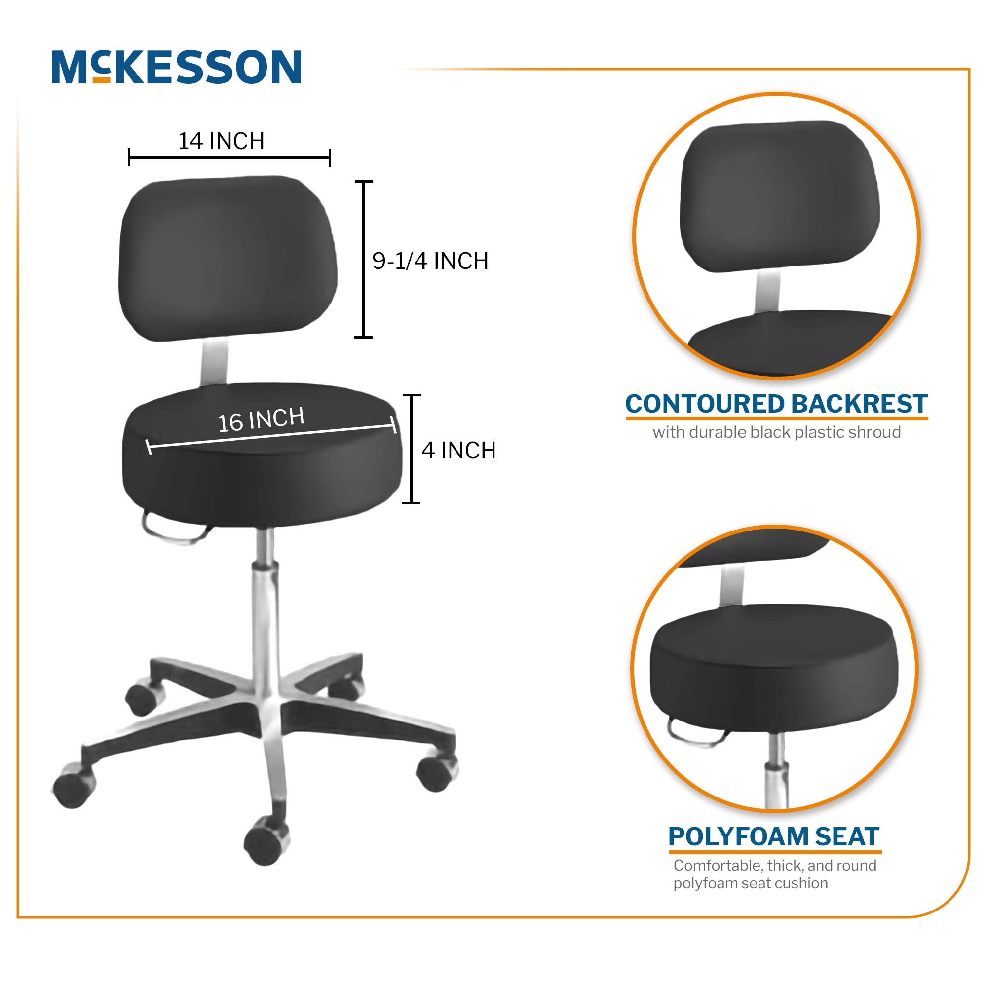 Exam Stool McKesson Backrest Pneumatic Height Adjustment 5 Casters Black, Packaging Type- Each