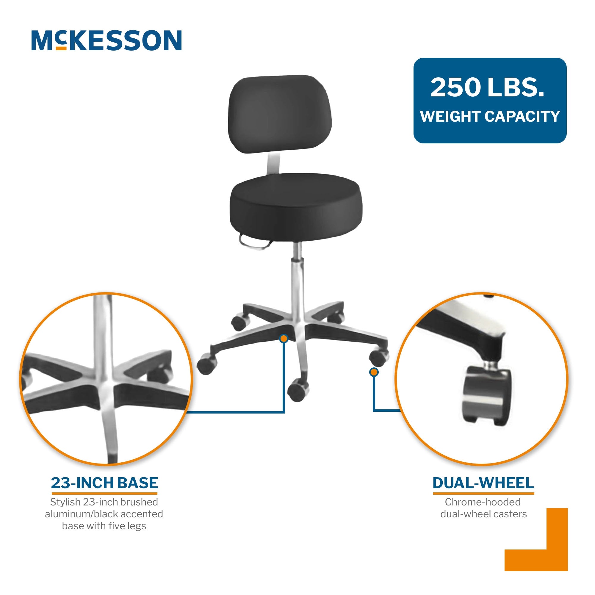 Exam Stool McKesson Backrest Pneumatic Height Adjustment 5 Casters Black, Packaging Type- Each