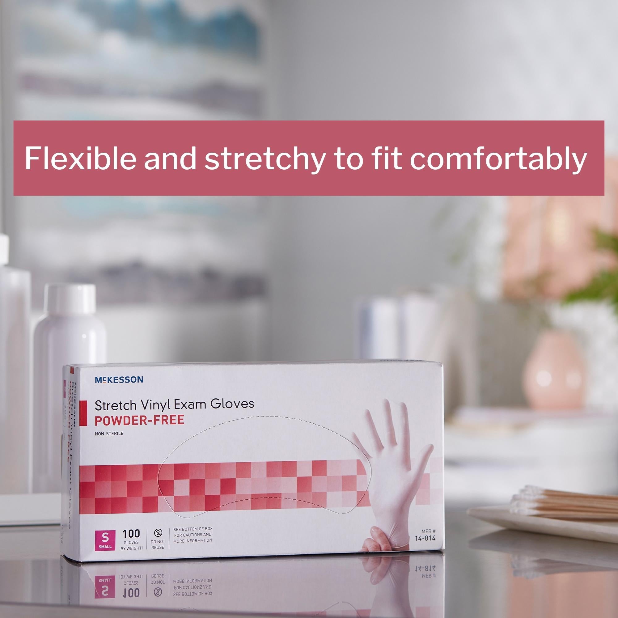 exam glove mckesson small nonsterile stretch vinyl standard cuff length smooth ivory not rated packaging type box