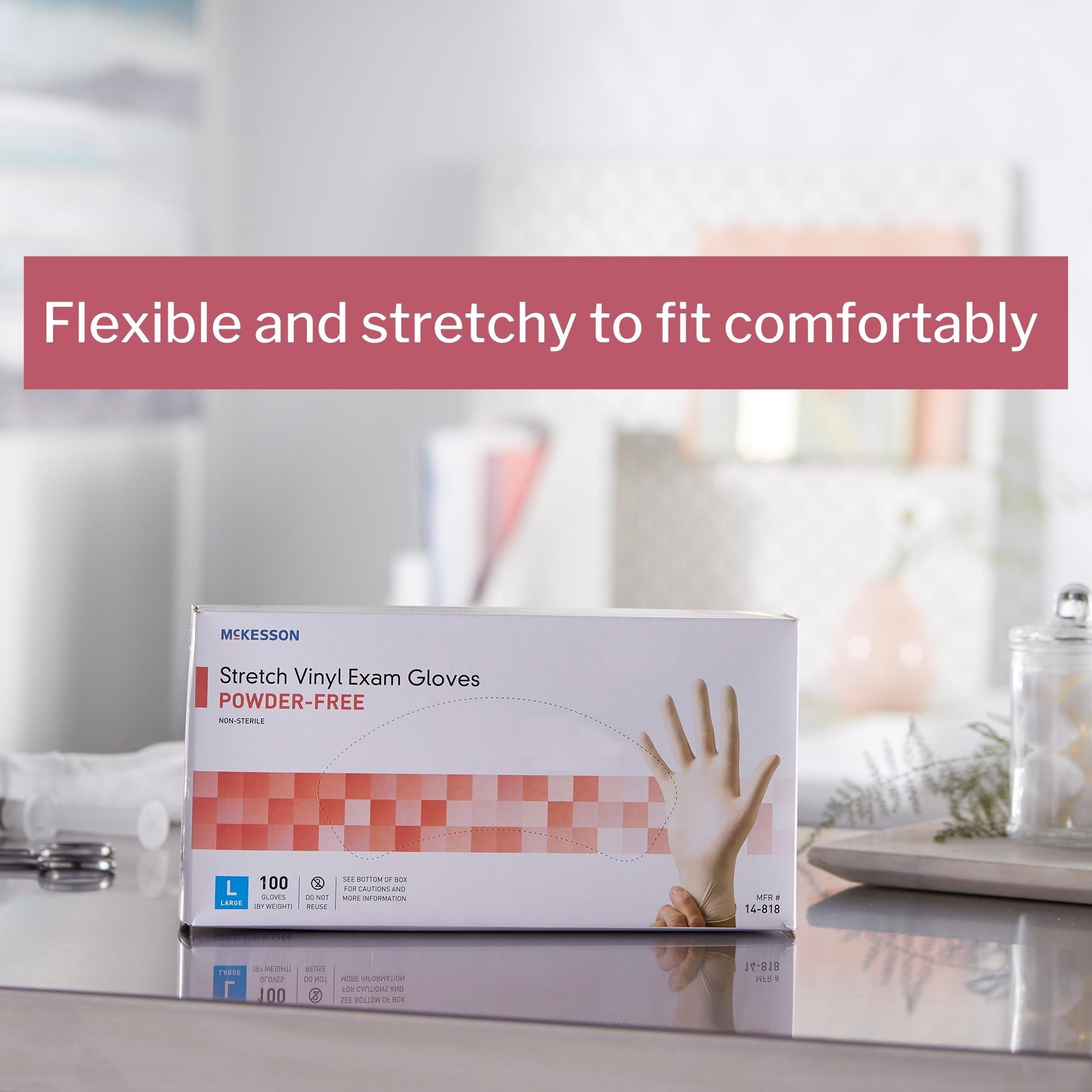 exam glove mckesson large nonsterile stretch vinyl standard cuff length smooth ivory not rated packaging type box