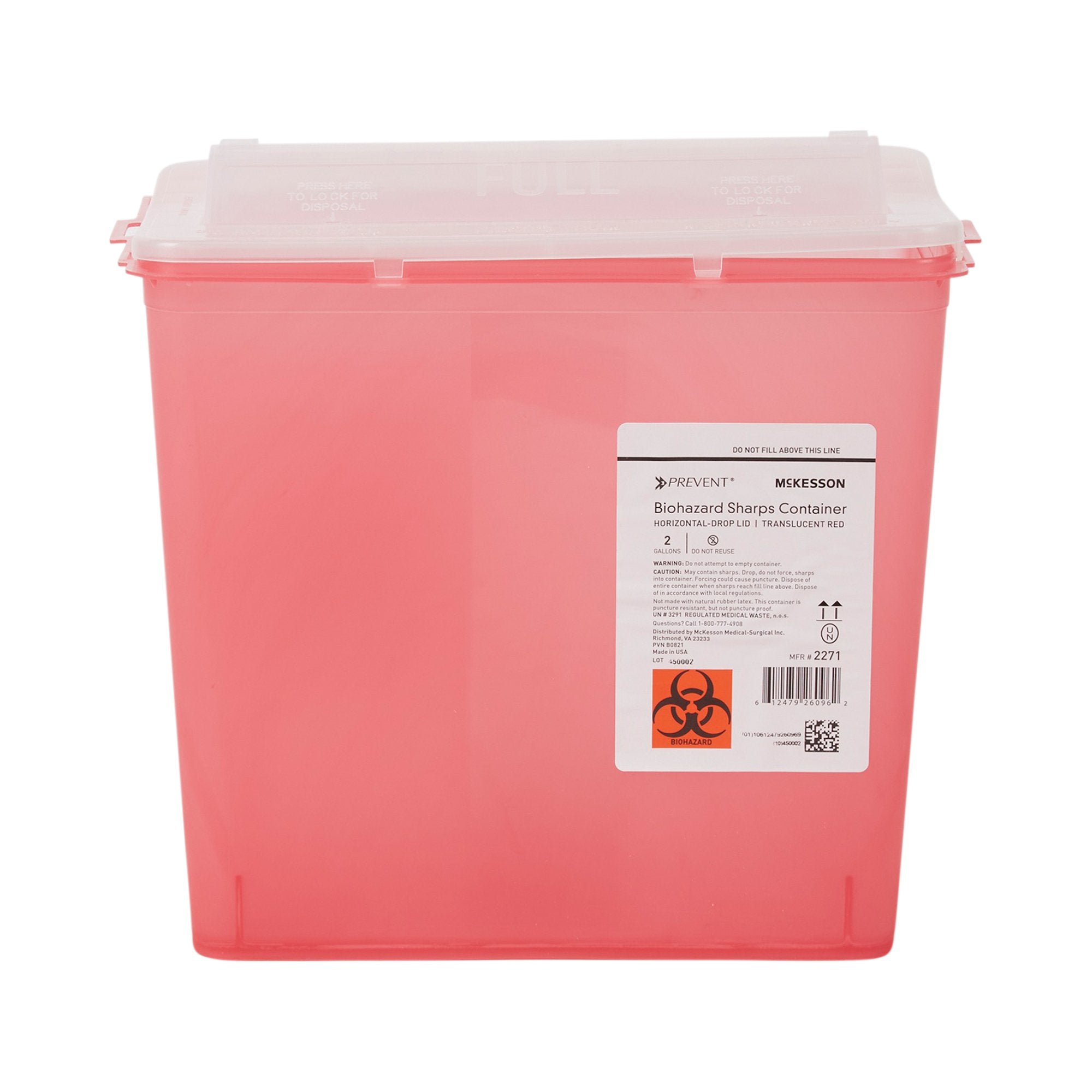 Sharps Container McKesson Prevent Translucent Red Base 9-1/4 H X 10 W X 6 D Inch Horizontal Entry 2 Gallon