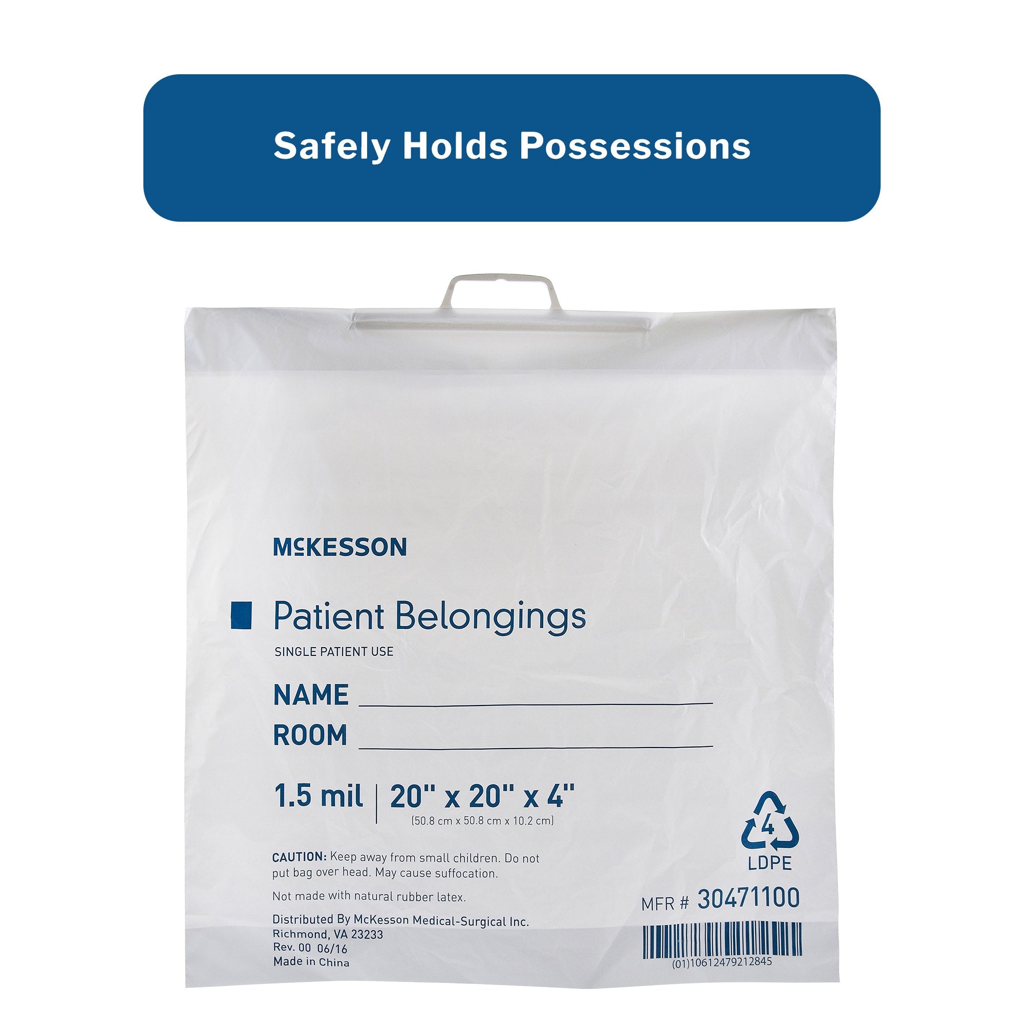 Patient Belongings Bag McKesson 4 X 20 X 20 Inch Polyethylene Snap Closure White, Packaging Type- Case