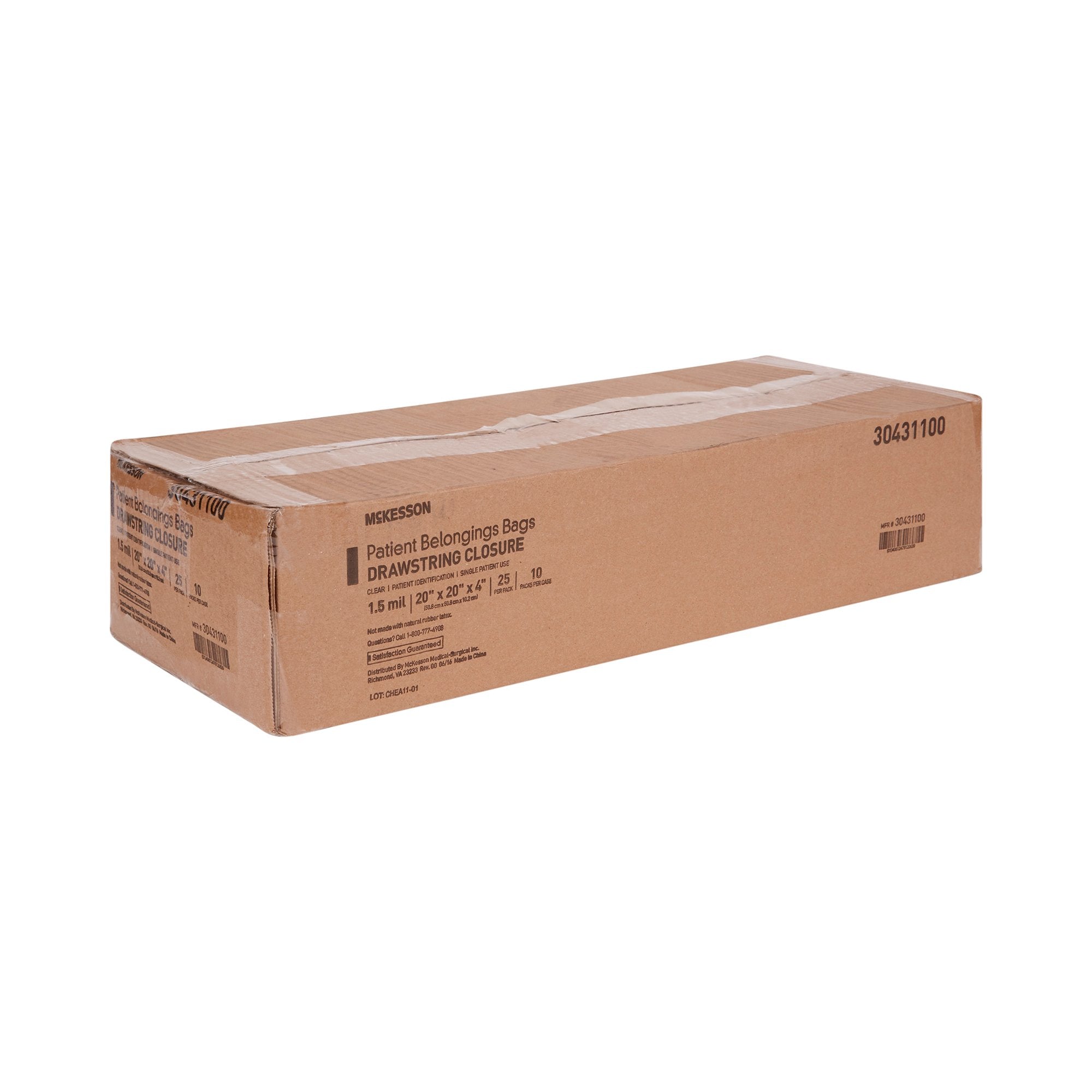 Patient Belongings Bag McKesson 4 X 20 X 20 Inch Polyethylene Drawstring Closure Clear, Packaging Type- Case