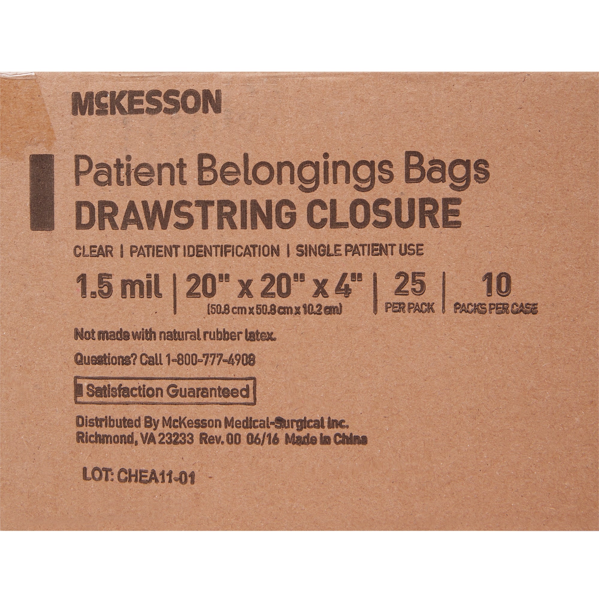 Patient Belongings Bag McKesson 4 X 20 X 20 Inch Polyethylene Drawstring Closure Clear, Packaging Type- Case