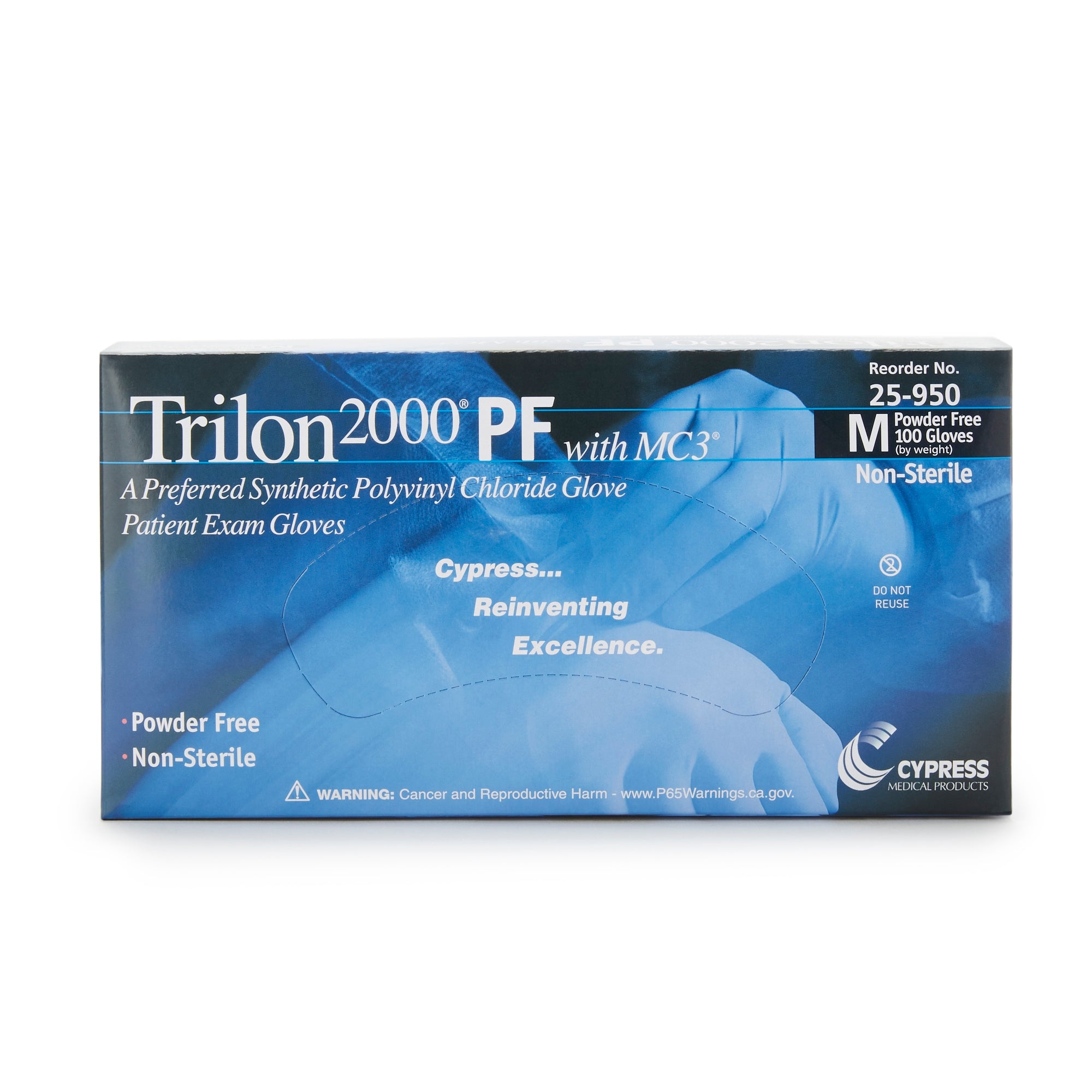 exam glove trilon 2000 pf with mc3 medium nonsterile stretch vinyl standard cuff length smooth ivory not rated with prop 65 warning packaging type box