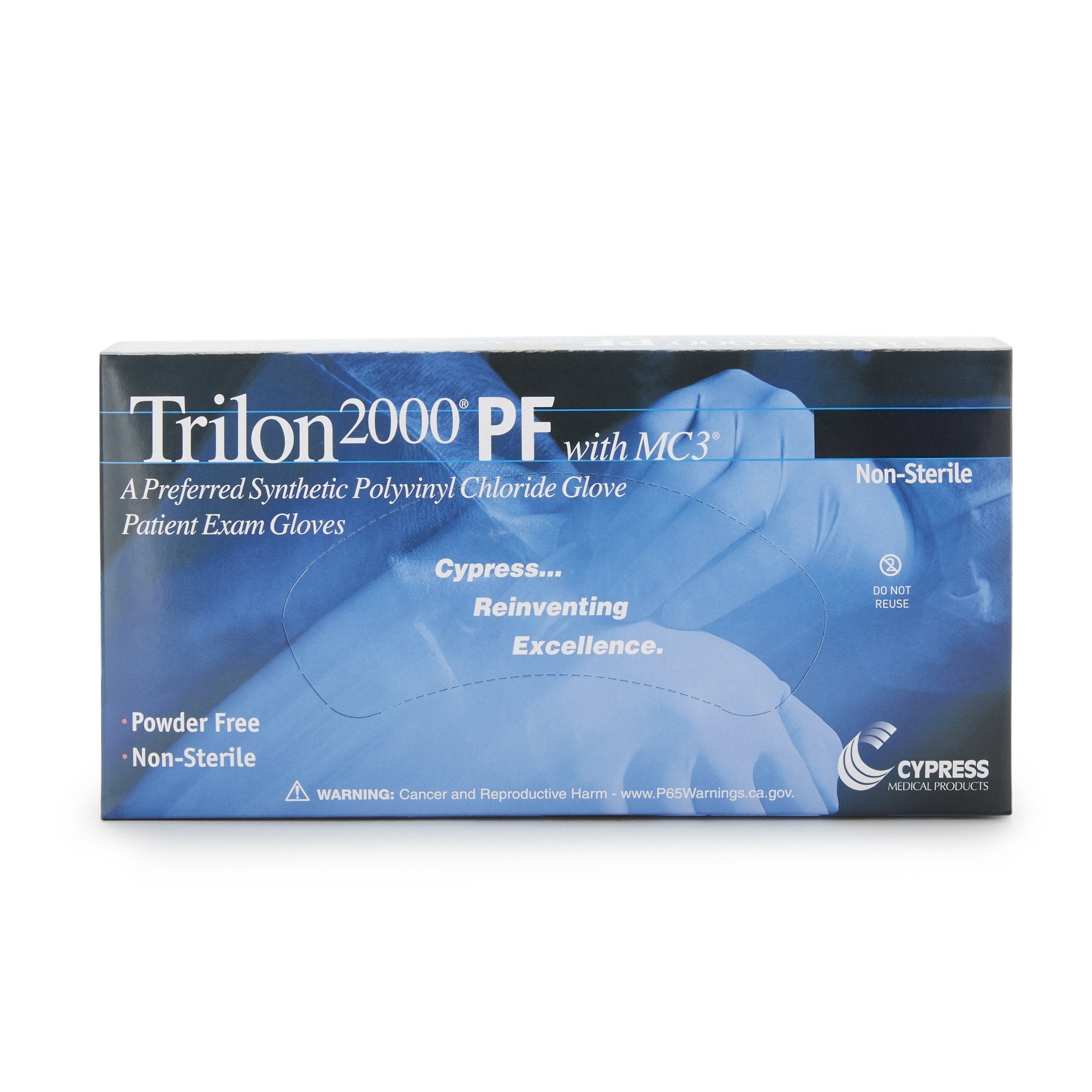 exam glove trilon 2000 pf with mc3 large nonsterile stretch vinyl standard cuff length smooth ivory not rated with prop 65 warning packaging type box