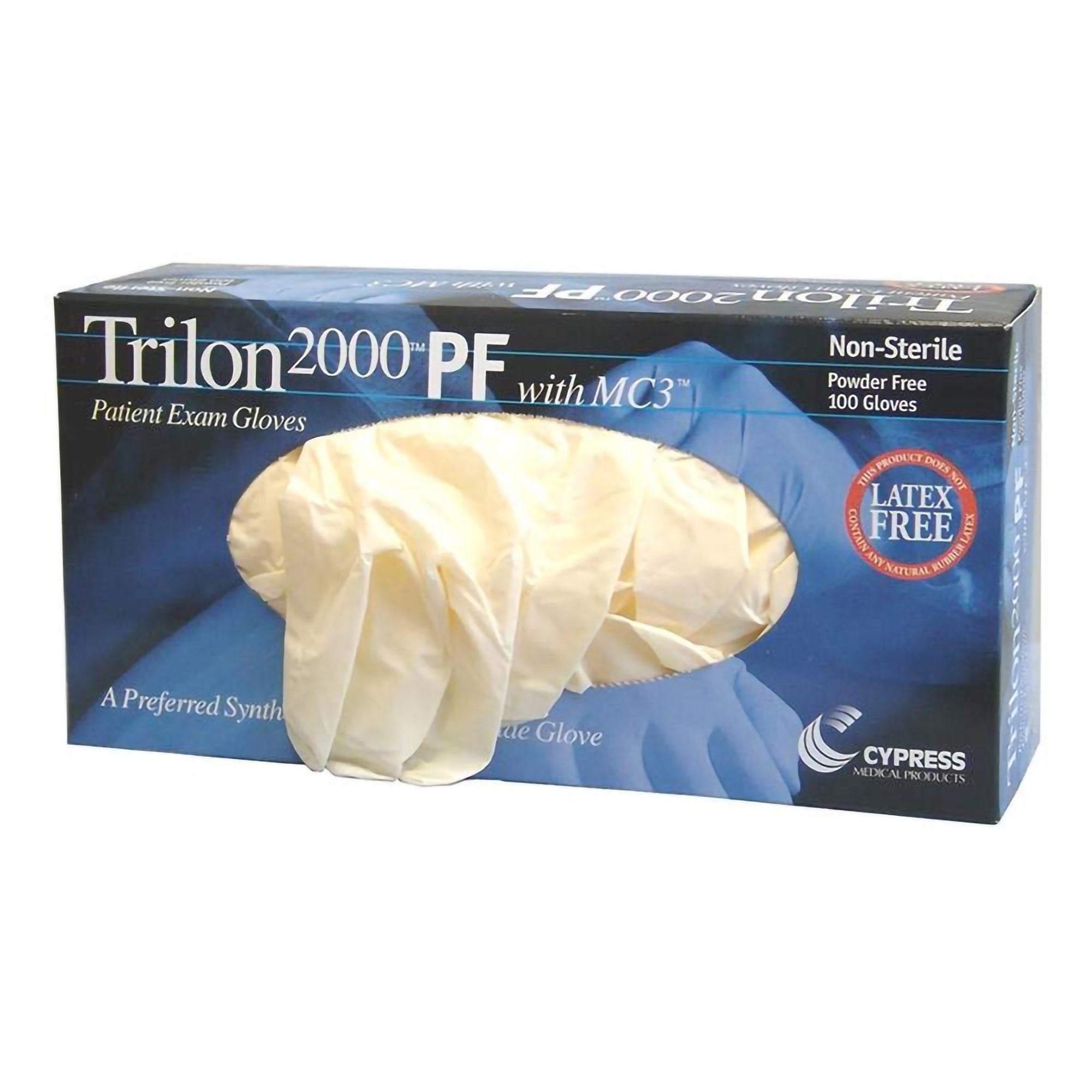 exam glove trilon 2000 pf with mc3 large nonsterile stretch vinyl standard cuff length smooth ivory not rated with prop 65 warning packaging type box
