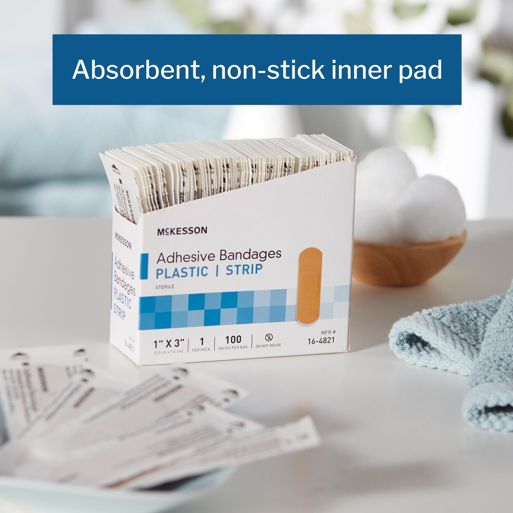 Tira adhesiva McKesson de 1 x 3 pulgadas, rectangular de plástico, color canela, estéril, tipo de embalaje: caja