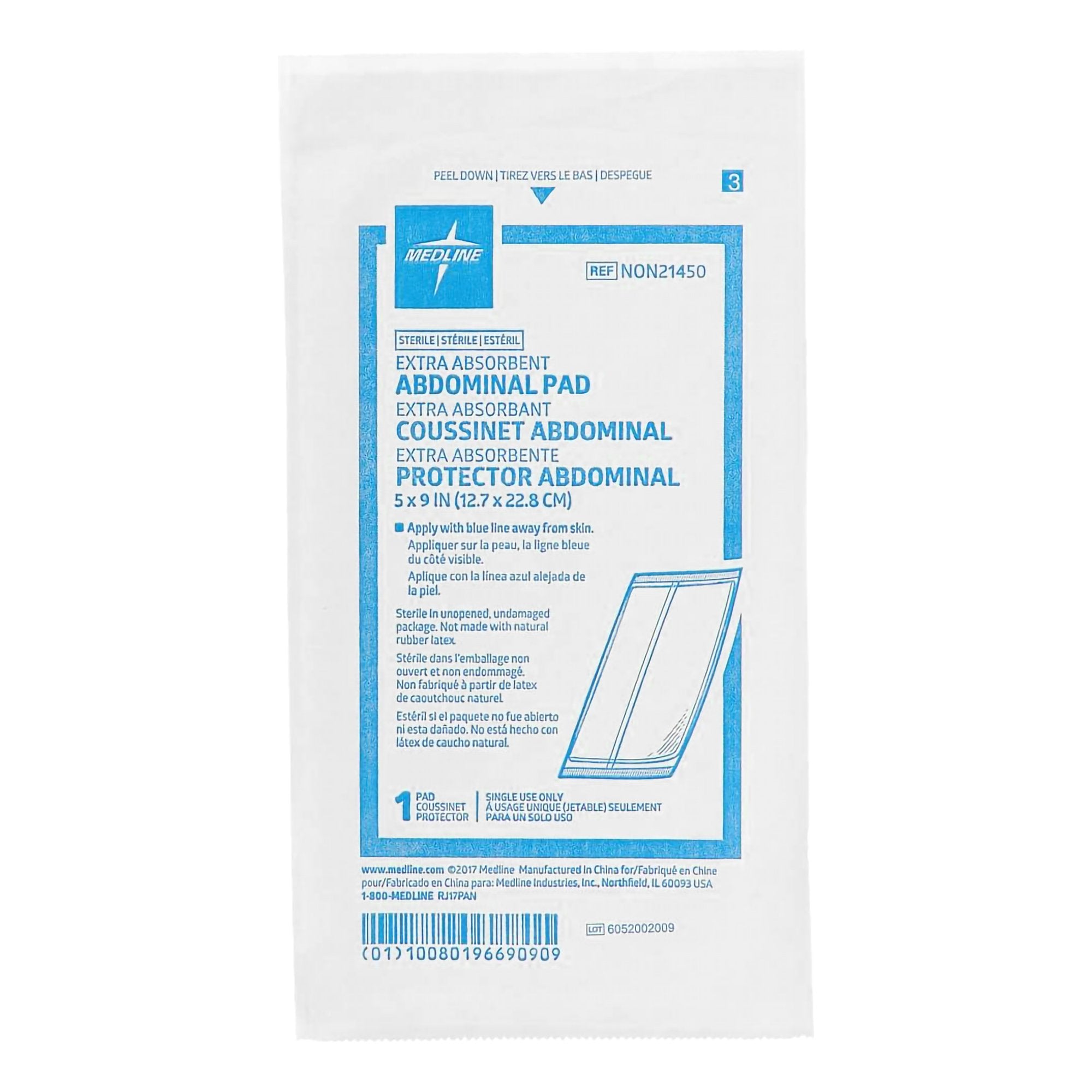 Abdominal Pad Medline 5 X 9 Inch Sterile 1 per Pack, Packaging Type- Case